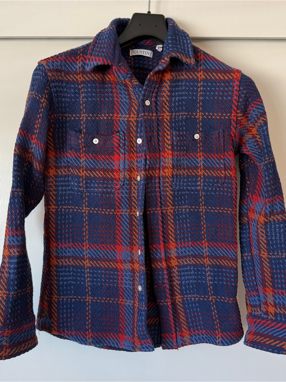 Gustin Men's Plaid Button-Up Shirt Jacket #1062 Navy/Red XS US made 100% cotton